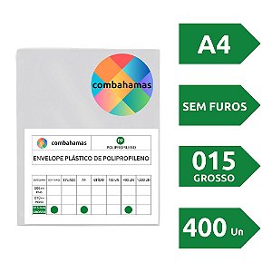 SACO PLÁSTICO, PP, A4, 22 X 30 X 015, GROSSO, SEM FUROS, 400 UN