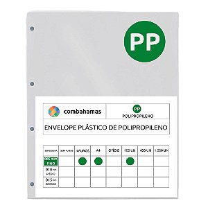ENVELOPE PLÁSTICO, PP, A4, 23,5 X 30 X 006, FINO, 4 FUROS, 100 UN