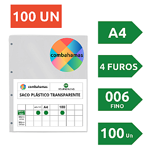 SACO PLÁSTICO, PP, A4, 23,5 X 30 X 006, FINO, 4 FUROS, 100 UN