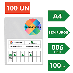 SACO PLÁSTICO, PP, A4, 23,5 X 30 X 006, FINO, SEM FUROS, 100 UN