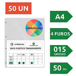 SACO PLÁSTICO, PP, A4, 23,5 X 30 X 015, GROSSO, 4 FUROS, PARA PASTA CATÁLOGO, 50 UN