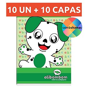 KIT 10 CADERNOS ALIBOMBOM BROCHURÃO, CAPA FLEXÍVEL, 60 FLS, 123, VERDE+ 10 CAPAS PLÁSTICAS PARA CADERNO