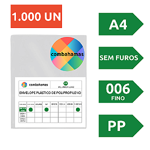 SACO PLÁSTICO, PP, A4, 23,5 X 30 X 006, FINO, SEM FUROS, 1000 UN
