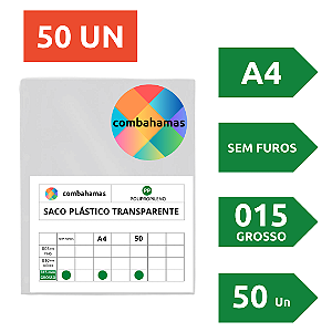 SACO PLÁSTICO, PP, A4, 23,5 X 30 X 015, GROSSO, SEM FUROS, 50 UN