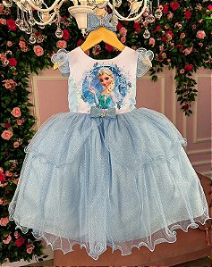 Vestido Infantil Frozen Elsa e Anna Azul Luxo - Fabuloso Ateliê