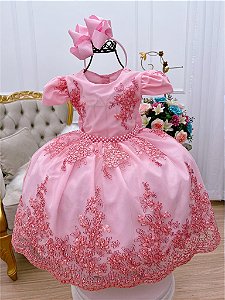 Vestido Infantil Vermelho Realeza Renda Luxo Festa Princesa - Rosa