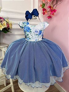 Vestido Infantil Princesa Cinderela Azul C/ Peito Strass