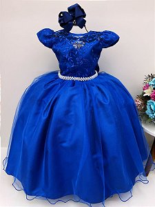 Vestido Infantil Dama Honra Azul Royal Casamento Renda - Rosa
