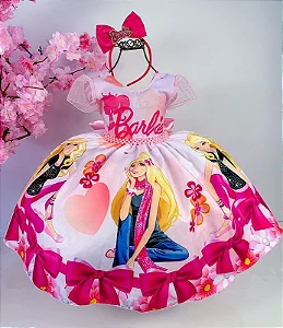 Vestido Barbie Rosa com Glitter e Laço - Fabuloso Ateliê