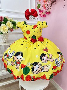 Vestido Infantil Magali Baby Amarelo Melancia Broche Laço