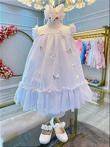 Vestido Infantil Branco Jardim Encantado Borboletas Luxo