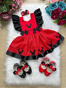 Romper Minnie Vermelha Com Laço e Saia Glitter Luxo