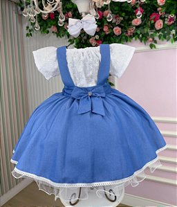 Vestido Infantil Salopete Branco e Azul Virginia