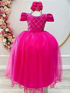 Vestido Infantil Longo Rosa Com Strass e Pérolas Daminhas
