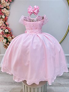 Vestido Infantil Rosa Claro Busto Renda Damas Longo Luxo