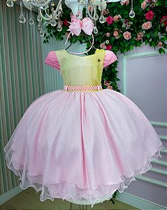 Vestido Jardim das Borboletas Rosa Bebe e Amarelo