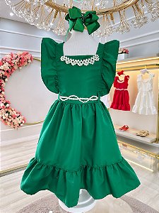 Vestido Infantil Verde Luxo Com Pérolas Festas Daminhas