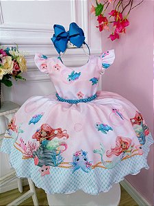 Vestido Sereia Ariel e Amigos Cinto com Pérolas