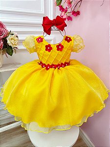 Vestido Infantil Princesa Bela e a Fera Amarelo C/ Flores