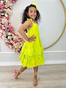 Vestido Infantil Primavera Verão Verde Neon Saia com Babado