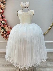 Vestido Infantil Damas de Honra Longo Marfim Claro Pérolas