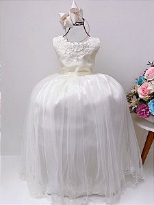 Vestido Infantil Damas de Honra Longo Marfim Claro Pérolas