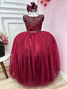 Vestido Infantil Damas de Honra Longo Marsala Strass Pérolas