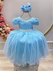 Vestido Infantil Azul Bebê Tule Renda Luxo Casamento