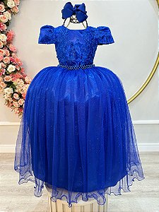 Vestido Infantil Azul Royal Longo Damas C/ Renda Casamento
