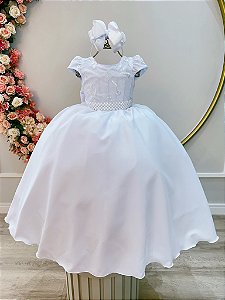 Vestido Infantil Longo Branco Busto Renda Casamentos Luxo