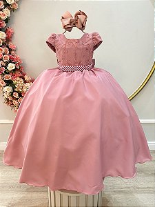 Vestido Infantil Longo Rose Busto Renda Casamentos Luxo
