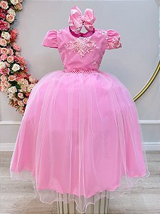 Vestido Infantil Rosa Busto Renda Luxo Casamento Festas