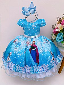 Vestido Infantil Azul Princesas Frozen Elsa Anna Festas