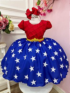 Vestido Infantil Mulher Maravilha Vermelho e Azul Luxo
