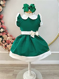 Vestido Infantil Verde Gola Gôde C/ Broche Luxo