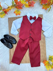 Conjunto Infantil Camisa Branca Calça Colete Gravata Marsala
