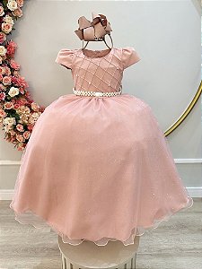 Vestido Infantil Longo Nude Busto Nervura Festas