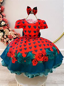 Vestido Infantil Vermelho Corações e Rosas Laço Festas