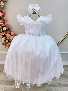 Vestido Infantil Longo Branco Com Apliques Daminhas Festas