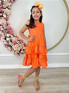 Vestido Infantil Primavera Verão Laranja Neon Saia com Babado