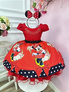 Vestido Minnie Vermelha Cinto de Pérolas Preto Luxo