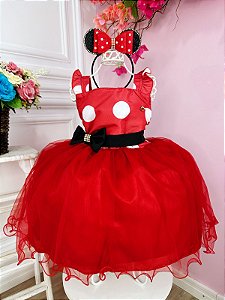 Vestido Minnie Vermelha Bolinhas com Broche Strass