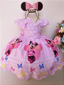 Vestido Minnie Rosa com Laço Para Cabelo