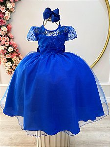 Vestido Infantil Azul Royal Longo com Busto de Renda Luxo