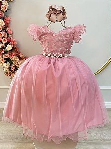 Vestido Infantil Longo Rose com Apliques e Renda