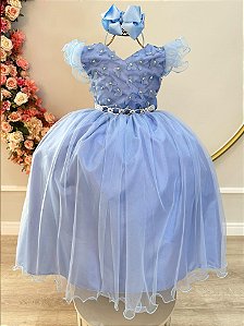 Vestido Infantil Longo Azul com Apliques Luxo