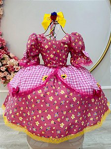 Vestido Infantil Junino Arraiá Rosa Estampas de Florzinhas