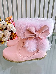 Botinha Infantil Rosa Laço Pompom Com Pelúcia e Zíper