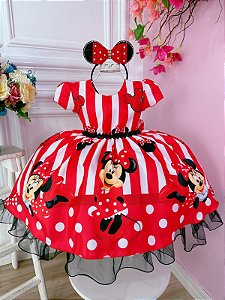 Vestido Minnie Vermelho Listras Cinto de Pérolas