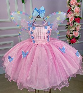Vestido Jardim Encantado Rosa Borboletas Azul